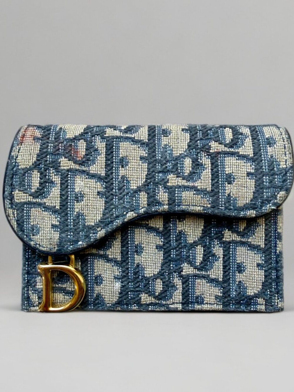 Christian Dior Blue Canvas Jacquard Oblique Lotus Saddle Compact Wallet